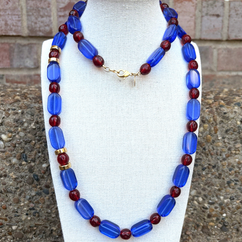 Vintage Joan Rivers Acrylic Lucite Strand Necklace Blue Red Beads Gold‎ Tone 36"